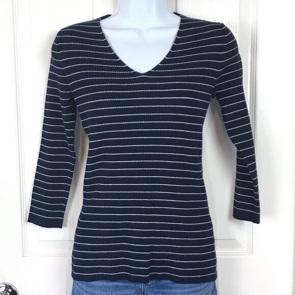 Philosophy V Neck Striped Ribbed Knit Tee V Neck M - Picture 1 of 5